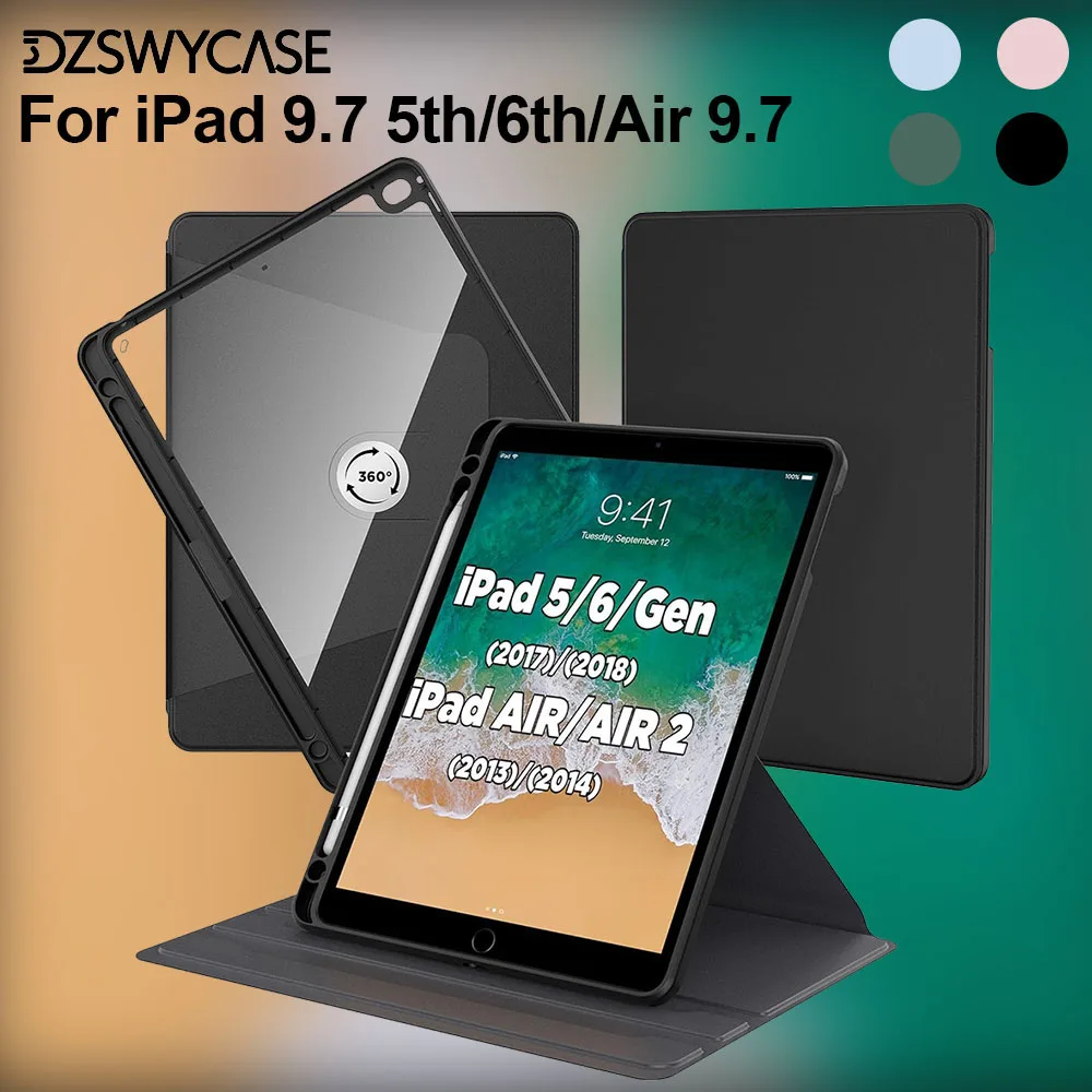 360 Rotating Case for iPad 9.7 inch 6th Generation/ 5th Generation/iPad Air 2 / iPad Air, Shockproof Acrylic Cover with Stand