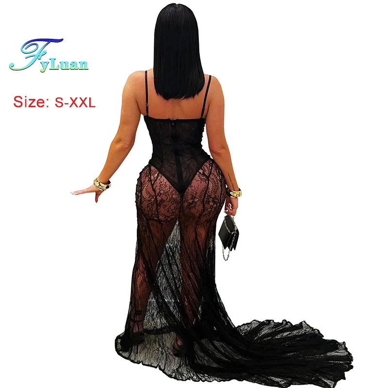 New Fashion Women Clothing Sexy Suspender Dress Lace Semi Perspective Evening Gown Sleeveless Slimming Fishtail Dress Long Dress