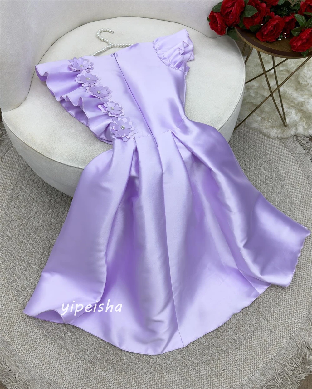 Customized Sparkle Exquisite  Modern Style Formal Evening Square Collar Tea-Length A-line Flowers Draped Satin  Dresses