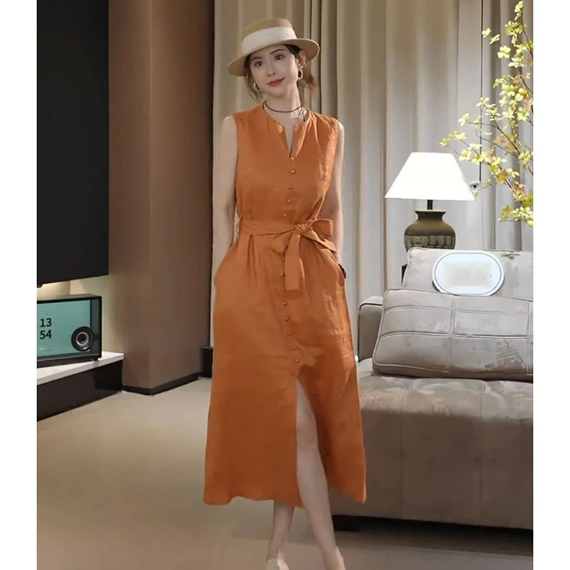 

Французские однобортные летние платья миди, свободные повседневные хлопковые льняные платья трапециевидной формы с поясом и разрезом, без рукавов, Vestidos