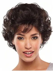Dark Brown Short Curly Wavy Wig with Hair Bangs 100% Imported Premium Synthetic Fashion Brown Hair Wigs for Women (Brown)