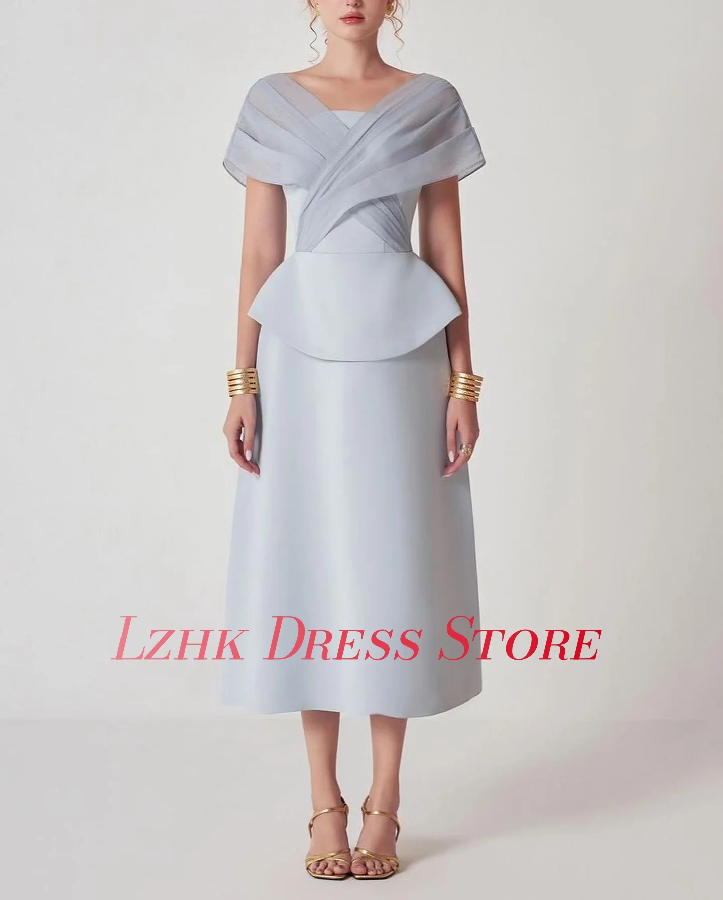 Vestido de noite moderno personalizado em jérsei evasê de alta qualidade, mangas curtas, decote em V, comprimento do chá فستانmavera