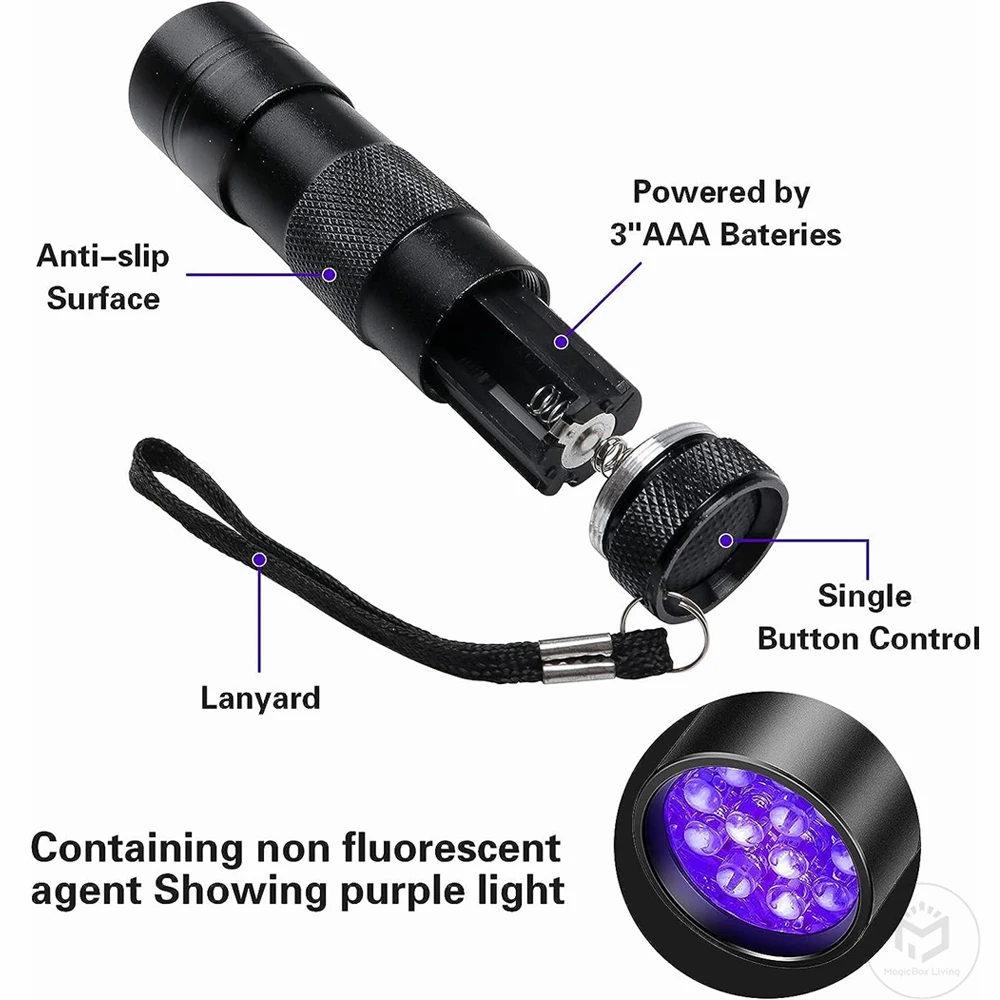 Linterna UV de luz negra de mano, de Flash de 395nm minilinterna, Detector de manchas de orina de perros y mascotas, insectos y escorpiones de cama,