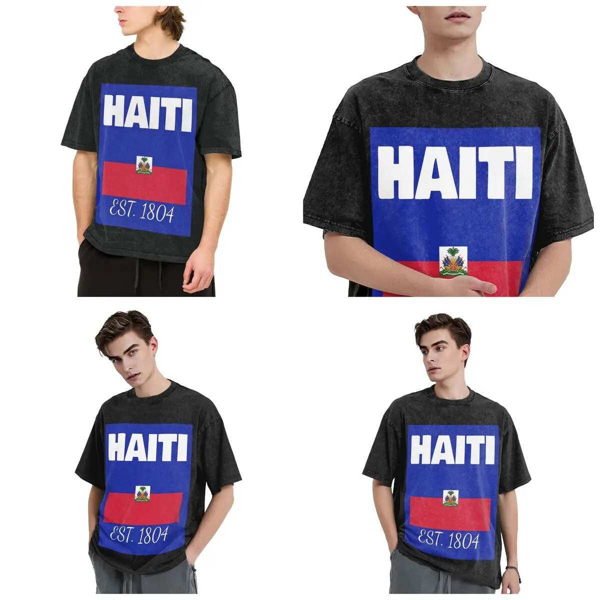 Haiti EST. 1804 Independence Haitian Flag Hip Hop Short Sleeve T-Shirts Washed Tops Tees Streetwear T Shirt for Men woman
