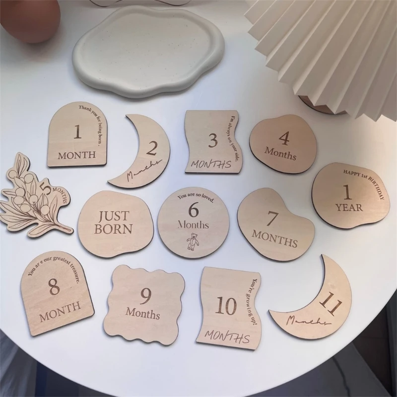 13pc Wooden Baby Milestone Card For Newborn Irregular Moon Shape Photography Props Accessories Month Cards Sticker Newborn Gifts