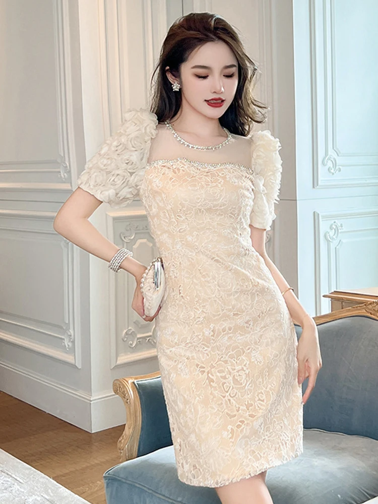 Elegant Gentle Dress for Women Sheer Mesh Diamond Petal Bubble Sleeves Hook Flower Hollow Mini Dresses Party Gown Prom Vestidos