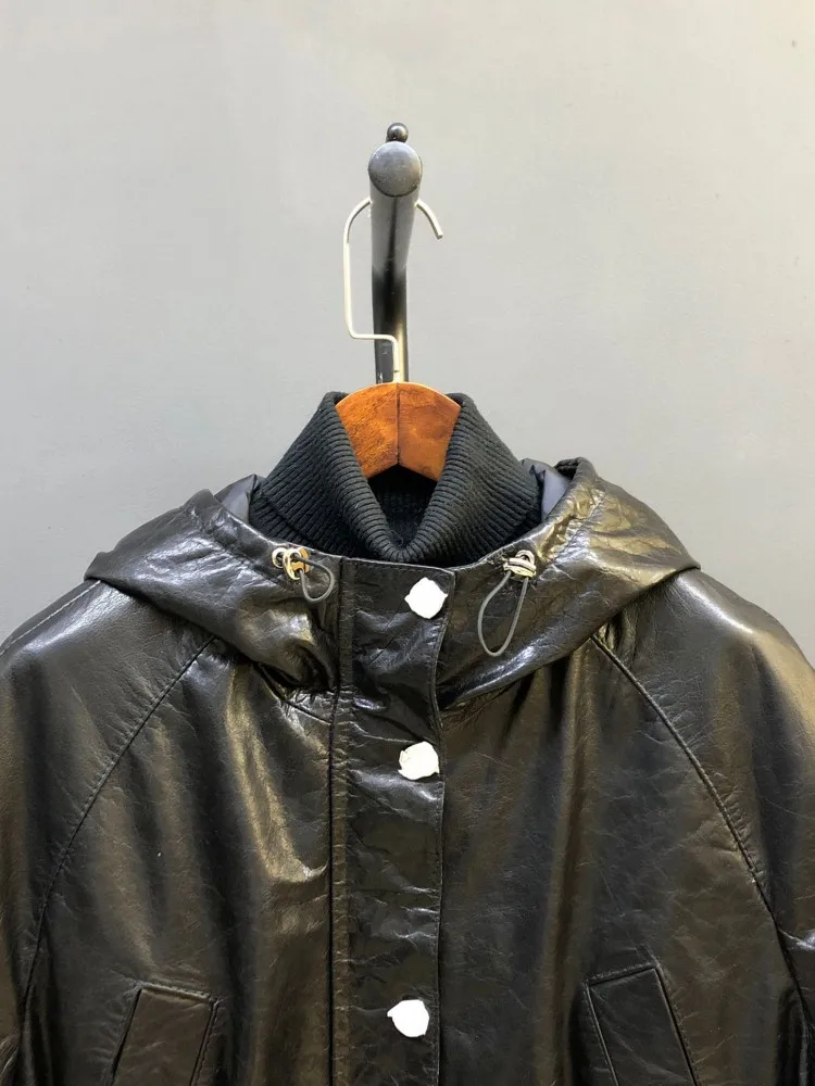 Nuevas mujeres negro con capucha cremallera piel de vaca cuero genuino cera de aceite chaqueta de plumas de ganso abrigo de mujer invierno cálido prendas de vestir exteriores de longitud media