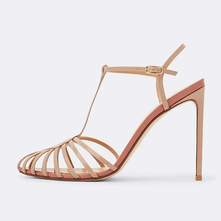 Comfortable Nude T-Strap Slingback Stiletto Heels Women Sandals Hollow Pointed Toe Ankle Straps Buckle Sexy Casual Shoes