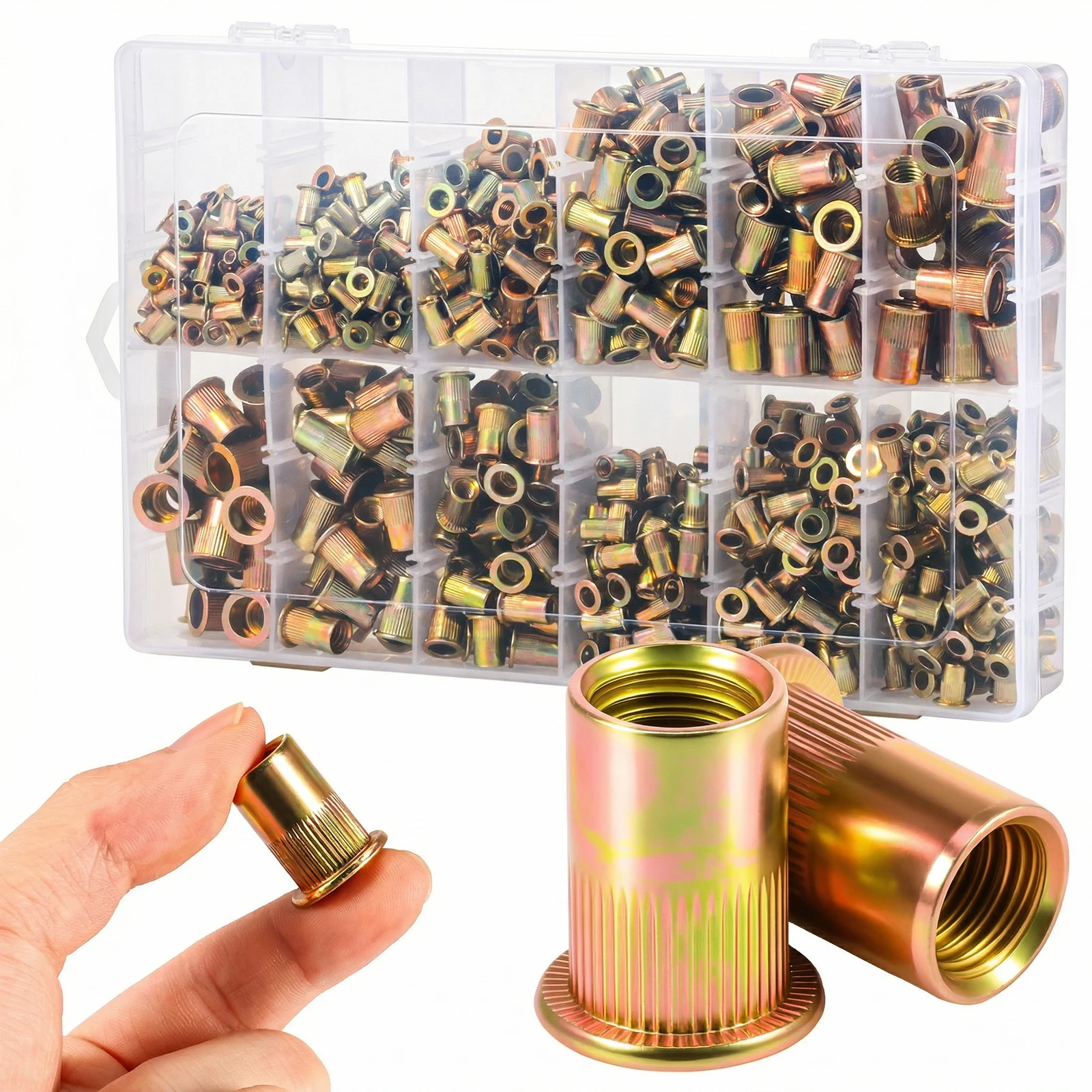 

920 Pcs Metric and SAE Rivet Nut Assortment Kit M3 M4 M5 M6 M8 M10 #6-32 #8-32 #10-24 1/4"-20 5/16"-18 3/8"-16 Flat Head Rivet
