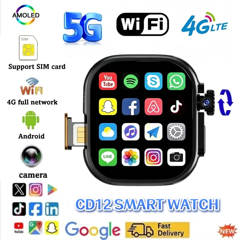 CD12 Smart Watch +1/4pcs Straps AMOLED 4G LTE smart watch with 180 ° rotary camera GPS WiFi SIM card slot health monitoring