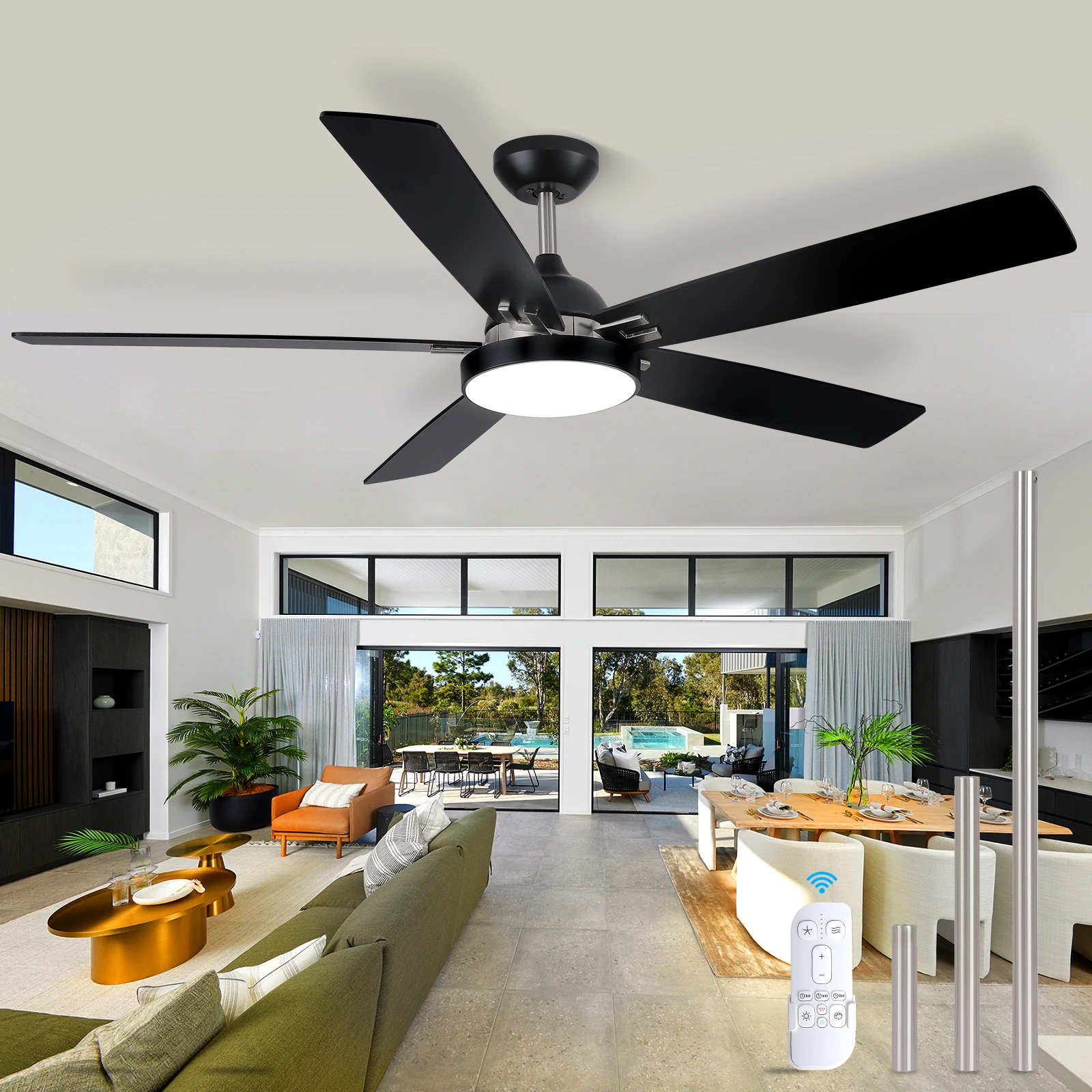 

60 Inch Modern Black Ceiling Fan with LED Light and Remote 5 Blades Indoor Outdoor DC Ceiling Fan for Bedroom Exterior Patio