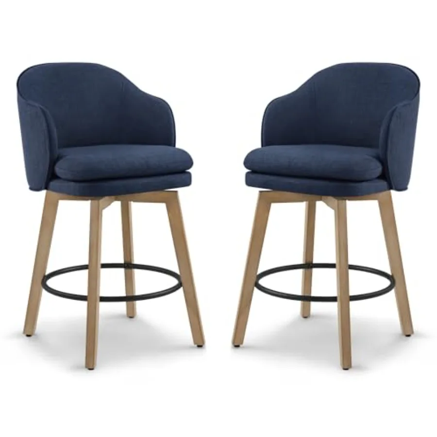 

Барные стулья высотой 26 дюймов, с мягкой обивкой, поворотные, со спинкой и деревянными ножками, для кухонного острова, комплект из 2 штук, синяя ткань.