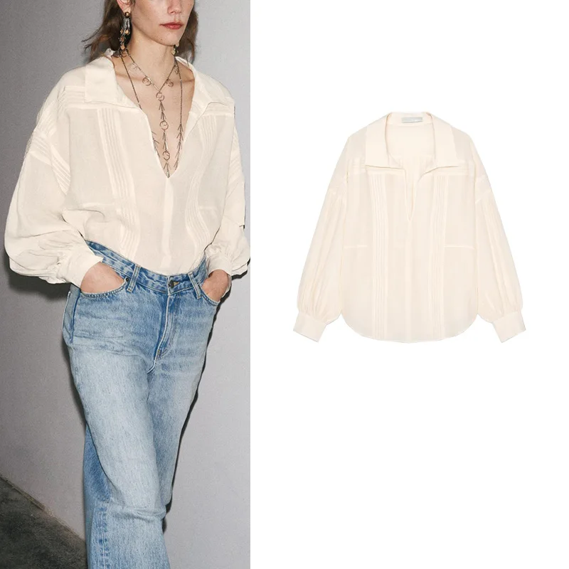 

Romantic Sle Long Sve irt Women's New Summer Polyester Blend Pleated Decoration Collar Stand up Loose Fit Busin Casual