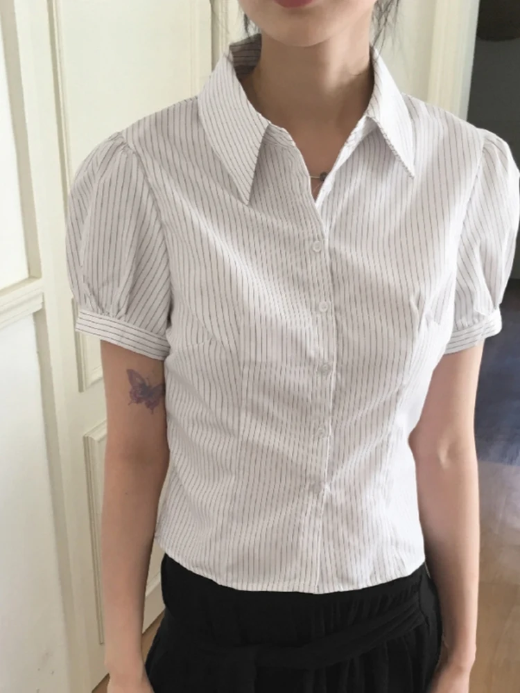 Retro japanisches Sle-gestreiftes Splice-Taillendesign Bubble Sve ort Sve irt für junge Mädchen Pendeln Sle Slim Fit Poly...