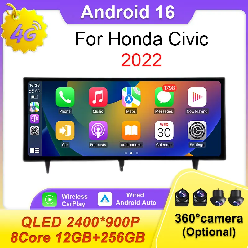 

Автомагнитола с CarPlay, Android, 16 ГБ, 12.3 дюйма, 4G, DSP, мультимедийный видеоплеер, Bluetooth, навигация для Honda Civic 2022, GPS, Wi-Fi