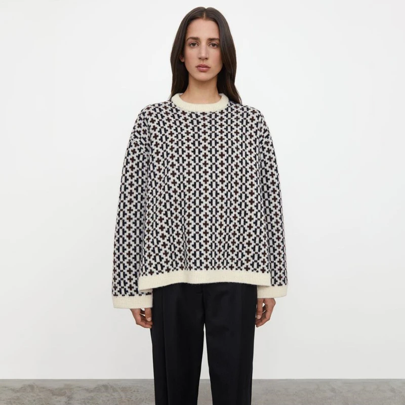 

Свитер Nordic Mat Tot Sle Faionable Commute Design с круглым вырезом, длинными рукавами, свободного кроя, с перекрестным узором, вязаный