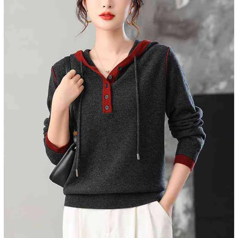 女性の春秋の新ファッションニットセーターフード付きカラーブロックファッションカジュアル多用途ルーズベースレイヤートップ