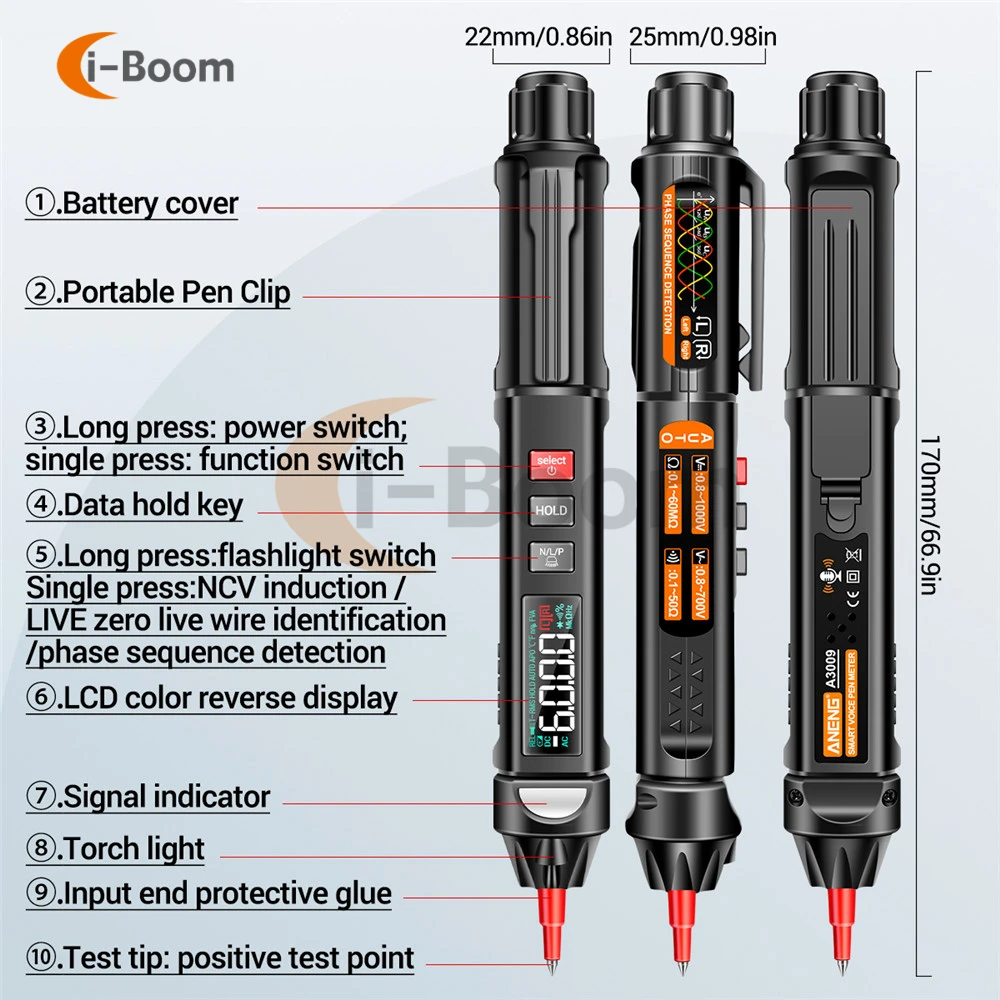 ANENG 디지털 음성 방송 멀티미터, 지능형 AC DC 전압 테스터 펜, 커패시턴스 저항 계량기, 6000 카운트, A3009