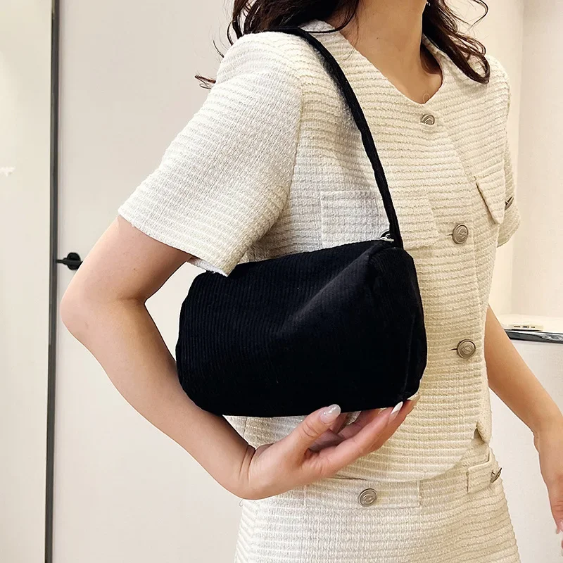 Fashion Women\'s Handbags Corduroy Underarm Bag Casual Women Shoulder Bags Solid Color Zipper Female Handbag Vintage Clutch