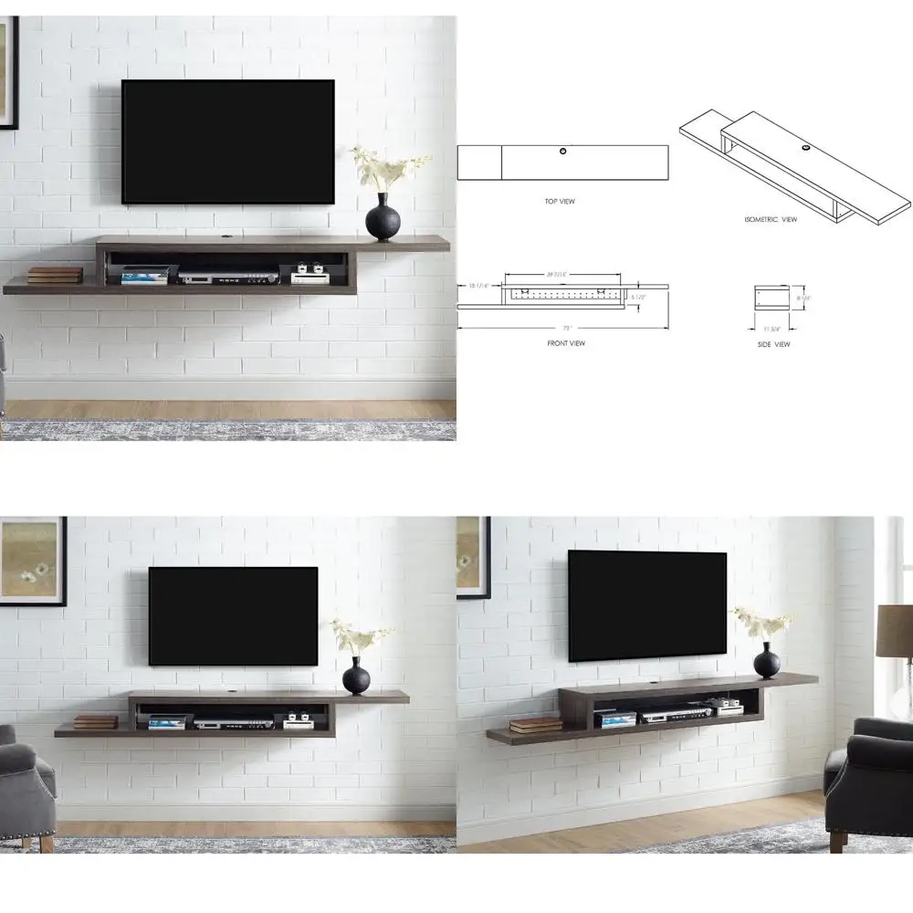 

unsymmetrical wall-mounted tv stand for 72-inch tvs in skyline walnut finish