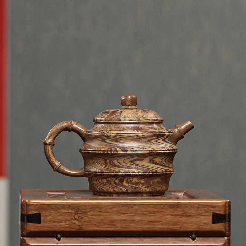

Handmade Twisted Clay Pot Yixing Famous Ore Purple Sand Round Bamboo Teapot Set 300cc