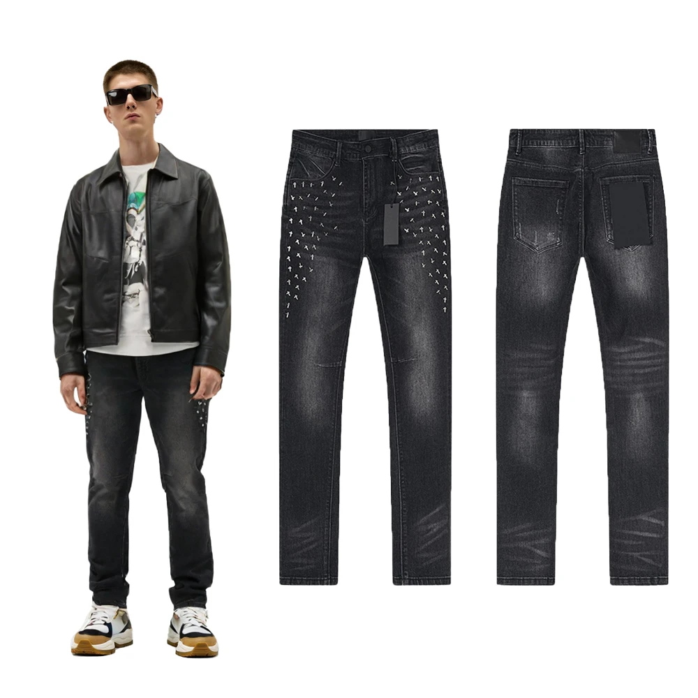 

Мужские джинсы Slim Fit в стиле Streetwear с крестообразными заклепками, хип-хоп, уличный стиль, хлопок, повседневные, ретро, скинни, Y2K
