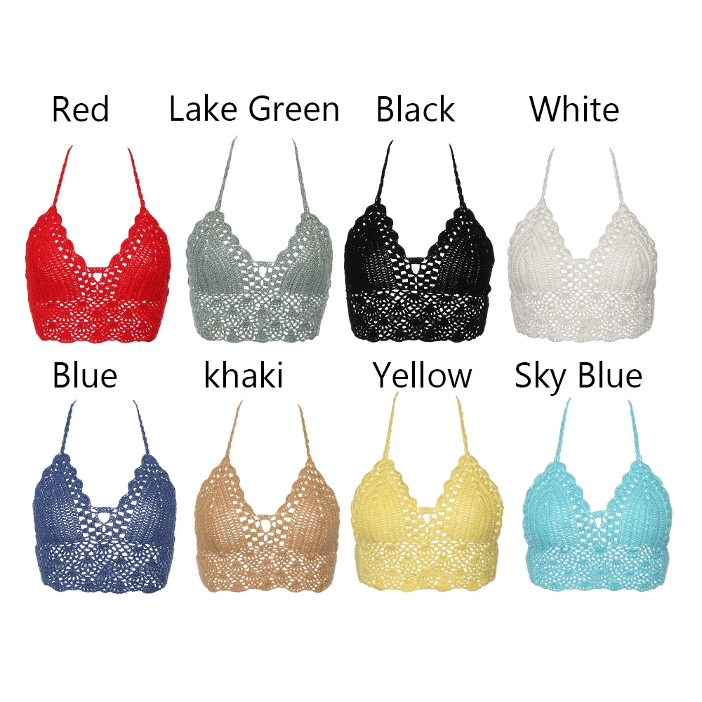 Seksowne damskie bikini krótki top szydełkowe Boho bikini na plażę Bralette Halter Cami dzianinowy biustonosz podkoszulek