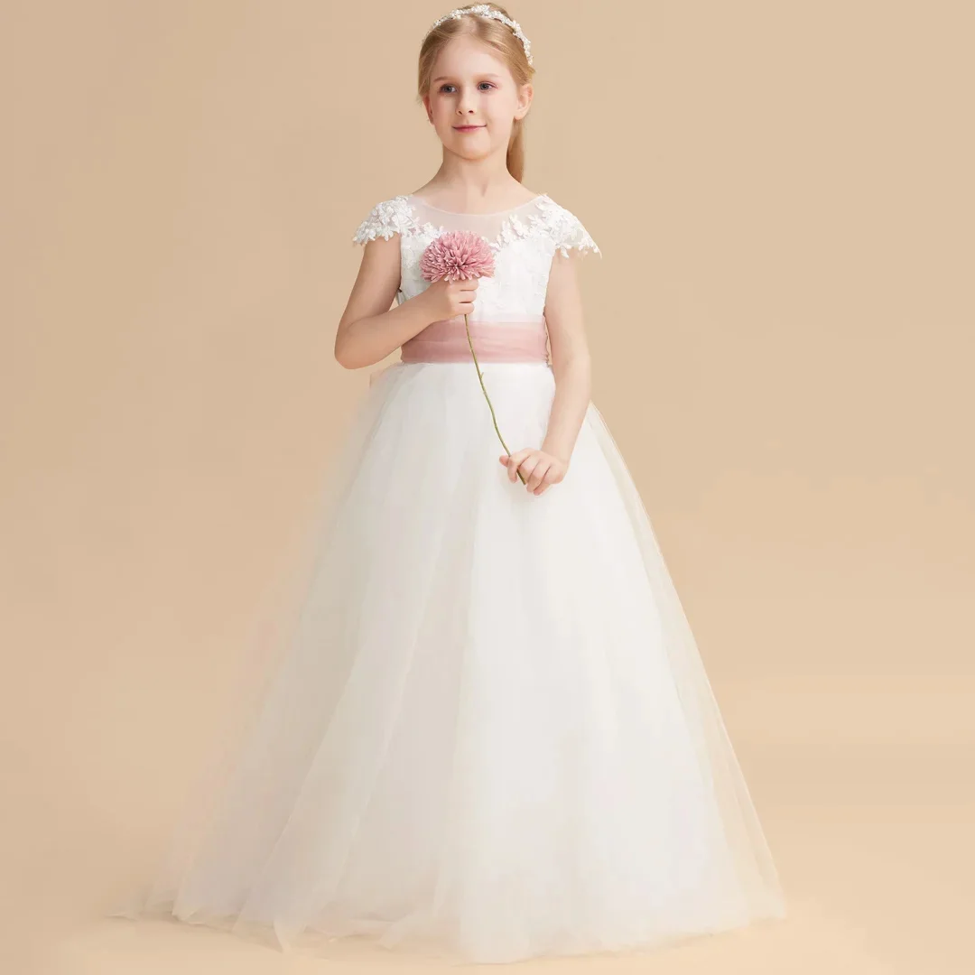 

Customized White Flower Girl Dresses Tulle Appliques With Pink Bow Ribbon Sleeveless For Wedding Birthday Party Banquet Gown