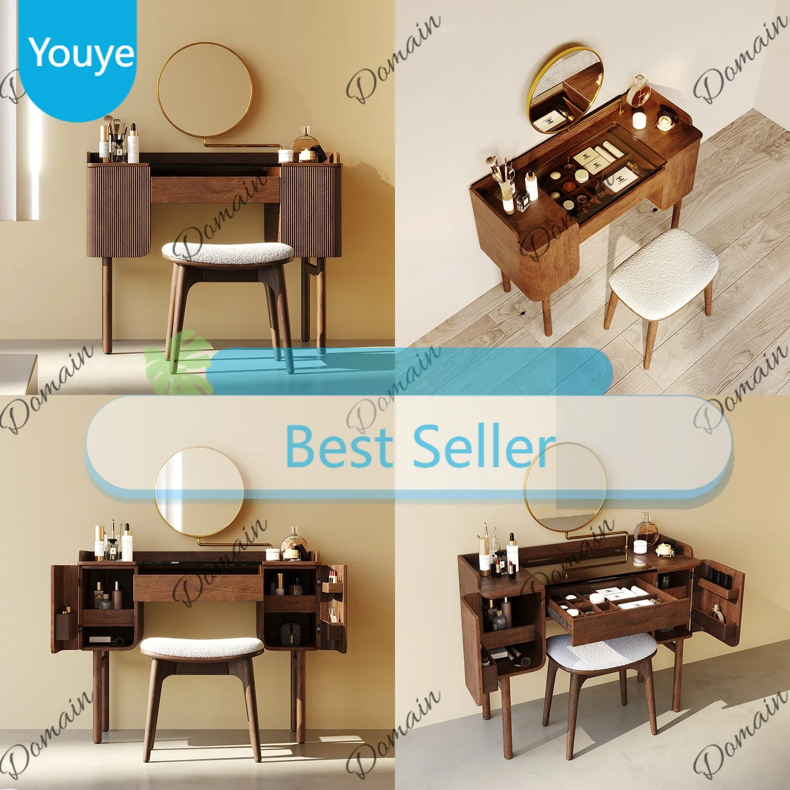 Jo Elegant Solid Walnut Wood Makeup Table Modern Luxury Compact Dresser With Mirror For Small Bedroom Multi-functional Vanity De