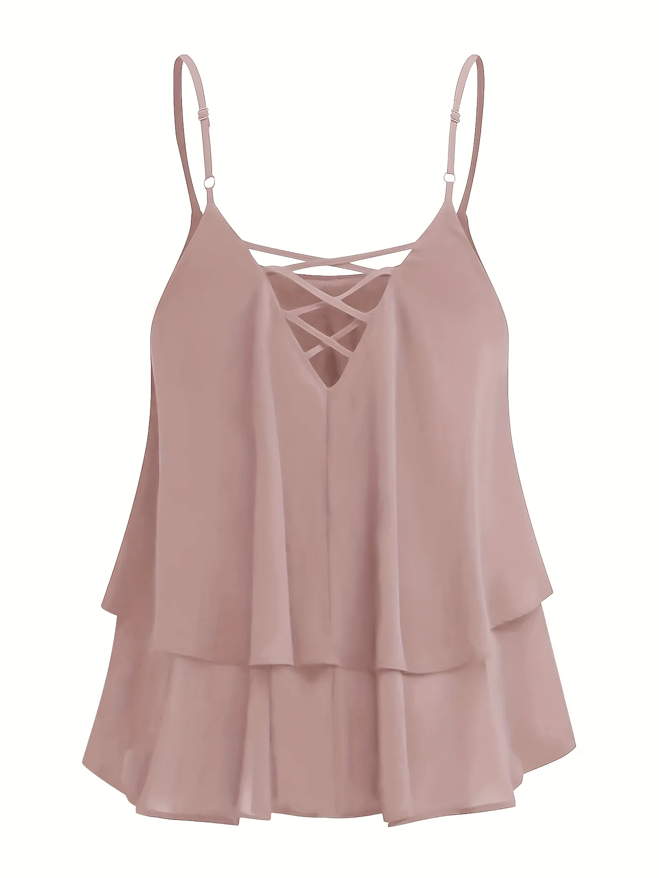 Plus Size Ladies Solid Color Chiffon Double Layer Meat Concealing Top with Fine Strap Cross Back Design for Daily Commuting And