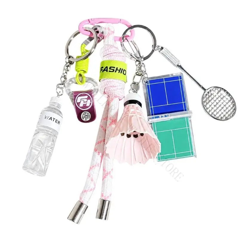 R7UF Metal Badminton Keychain for Keys or Bags, Featuring Racket and Shuttlecock Pieces with Multiple Rings and Clip