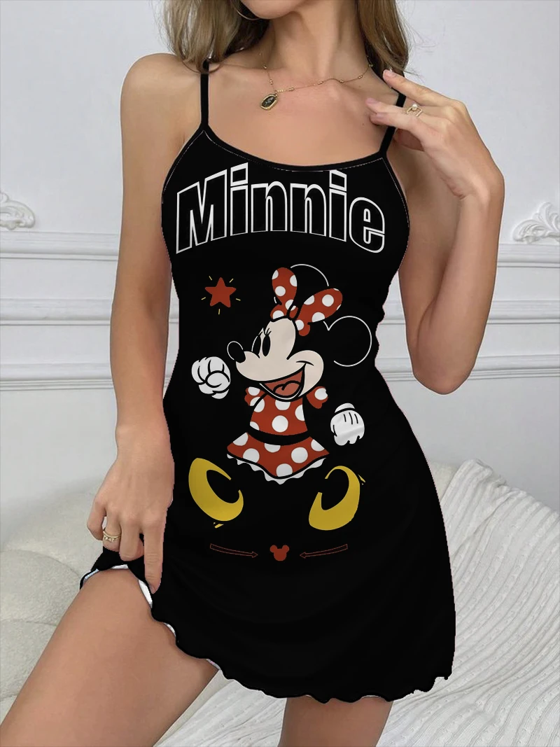 Sexy Dress Crew Neck Disney Lettuce Trim Fashion Summer Dresses 2024 Elegant Chic Dress Pajama Skirt Minnie Mouse Women Mini