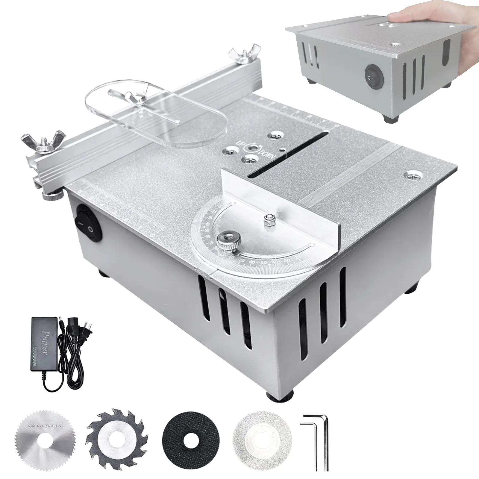 DIY Mini-Tischkreissäge, 220 V, 5000 U/min, präzise kompakte Schneidemaschine für Holz, PCB, Kunststoff, Aluminium, 0–15 cm, verstellbares Sägeblatt