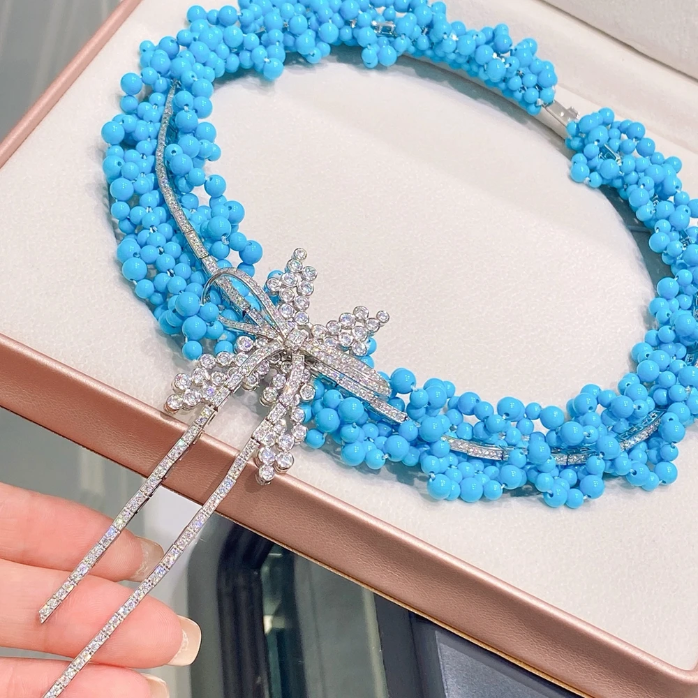

Top Quality Real 925 Silver High Carbon Diamond Blue Turquoise Beads Knot Butterfly Necklaces Chokers Women Fine Party Jewelry