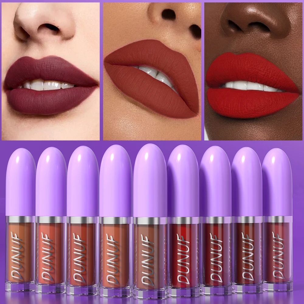 

DUNUF 9 Colors Nude Matte Lip Gloss Long-lasting Waterproof Non-stick Cup Liquid Lipstick Sexy Red Dark Brown Lip Tint Makeup