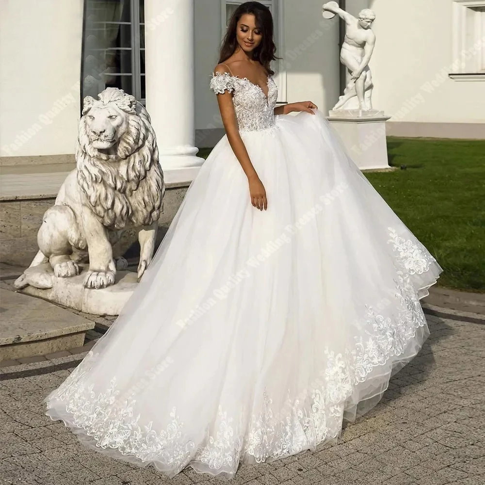 Off Shoulder Tulle Sleeveless Women Wedding Dresses Floral Print A-Line Bridal Robe Simple Long Vestido De Novia 2025 Customized