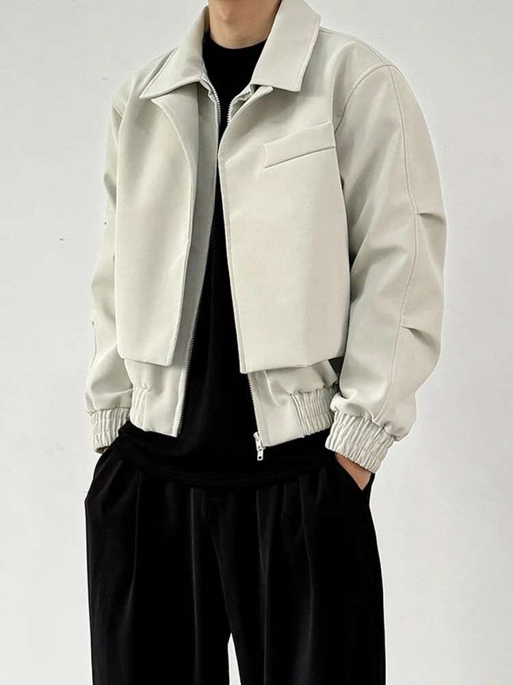 White Short Padded Shoulder Men's Jacket Autumn Plaid Splicing Design American Collar Top Youth Popular Loose Fit Long Sleeve
