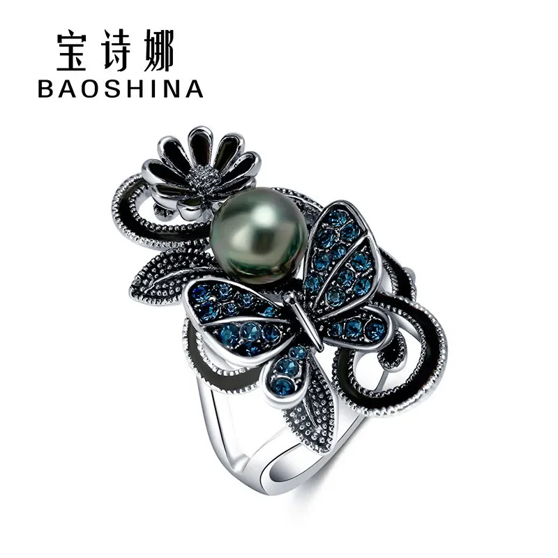 Trendy Ink Blue Pearl Butterfly Crystal Women\'s Ring For Engagement Wedding Jewelry Copper Accessories Rings Wholesale