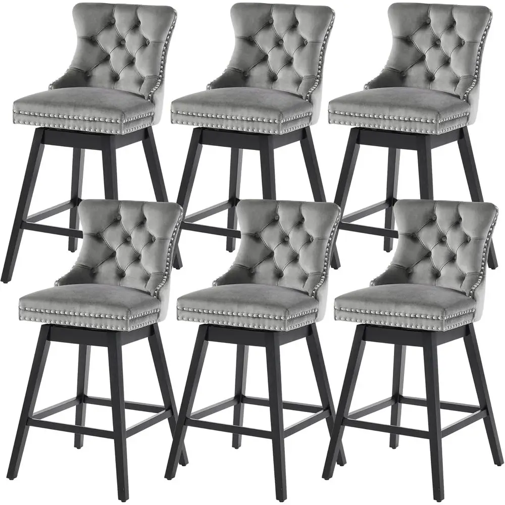 

360° Swivel Velvet Counter Stools with Backs, Set of 6, Grey, 26 Seat Height