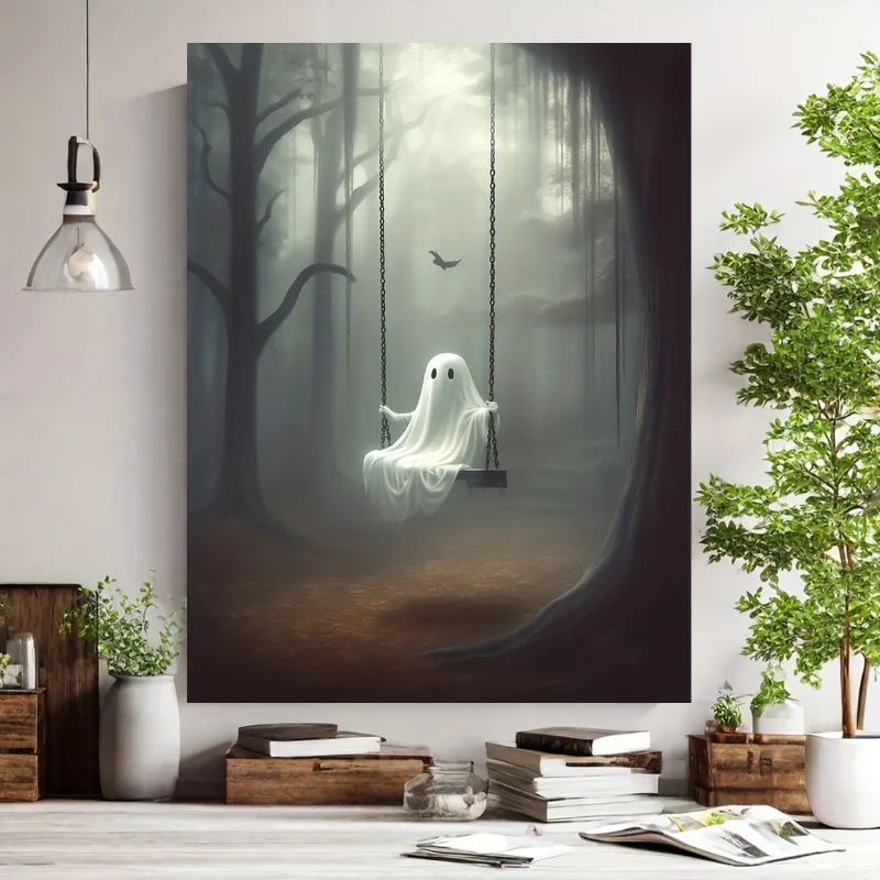 

Halloween Ghost Poster Cute Ghost Forest Canvas Printing Poster Wall Art Festival Decoration Painting for Home Living Room Decor