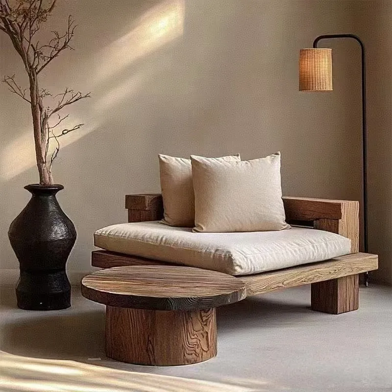 

Wabi-sabi style solid wood sofa, elm wood single sofa, Zen meditation chair, floor-standing backrest sofa chair, inline sofa