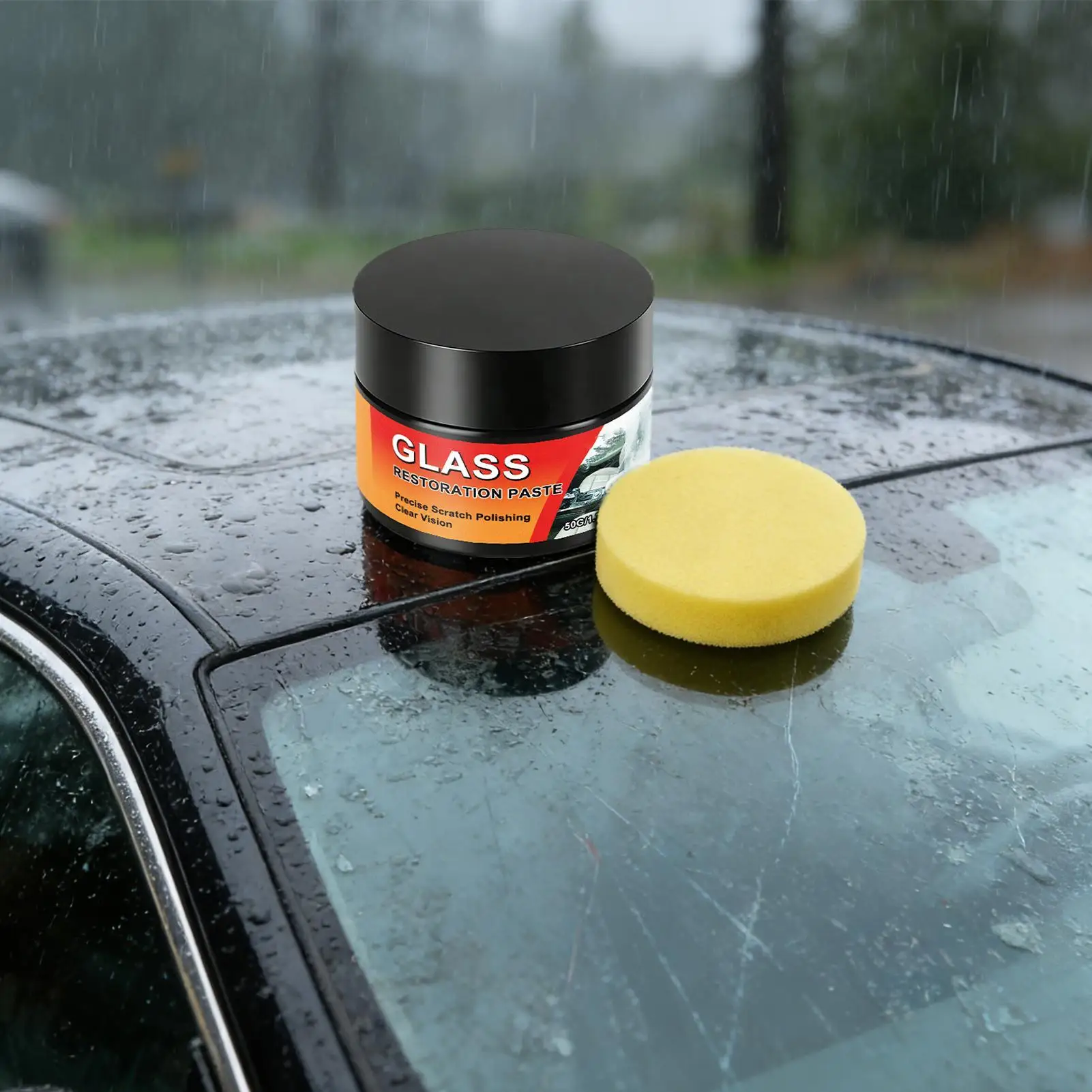 Glass Scratch Remover | 50g with Sponge Polishing Cleaning Wax | Car Repair Glass Scratch Eraser | for Truck SUV RV Sedan Automo