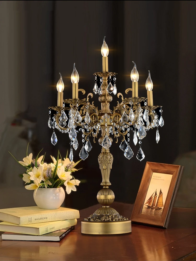 

Meerosee Luxurious Crystal Table Light Traditional Bronze Desk Lamp Wedding Candelabra Room Lamps Living room Bedroom