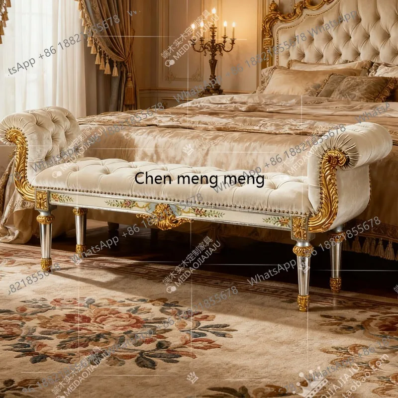 French court bedroom solid wood carving flower painted bedside stool velvet buckle living room shoe changing stool