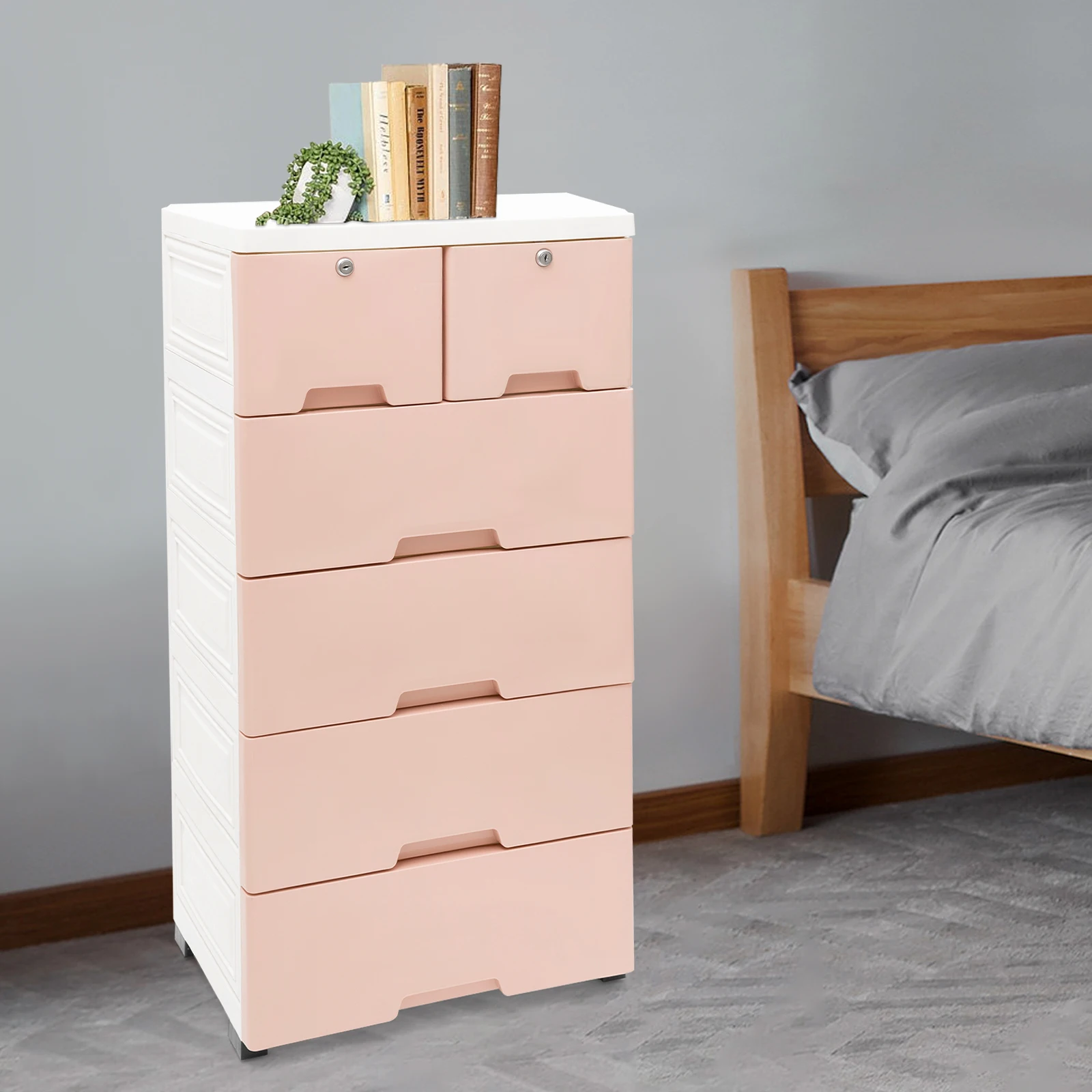 

50Cm Pink 5 Layer Drawer Type Storage Cabinet (6 Drawers With Wheels) 50*35*102Cm For Home Living Room To Store