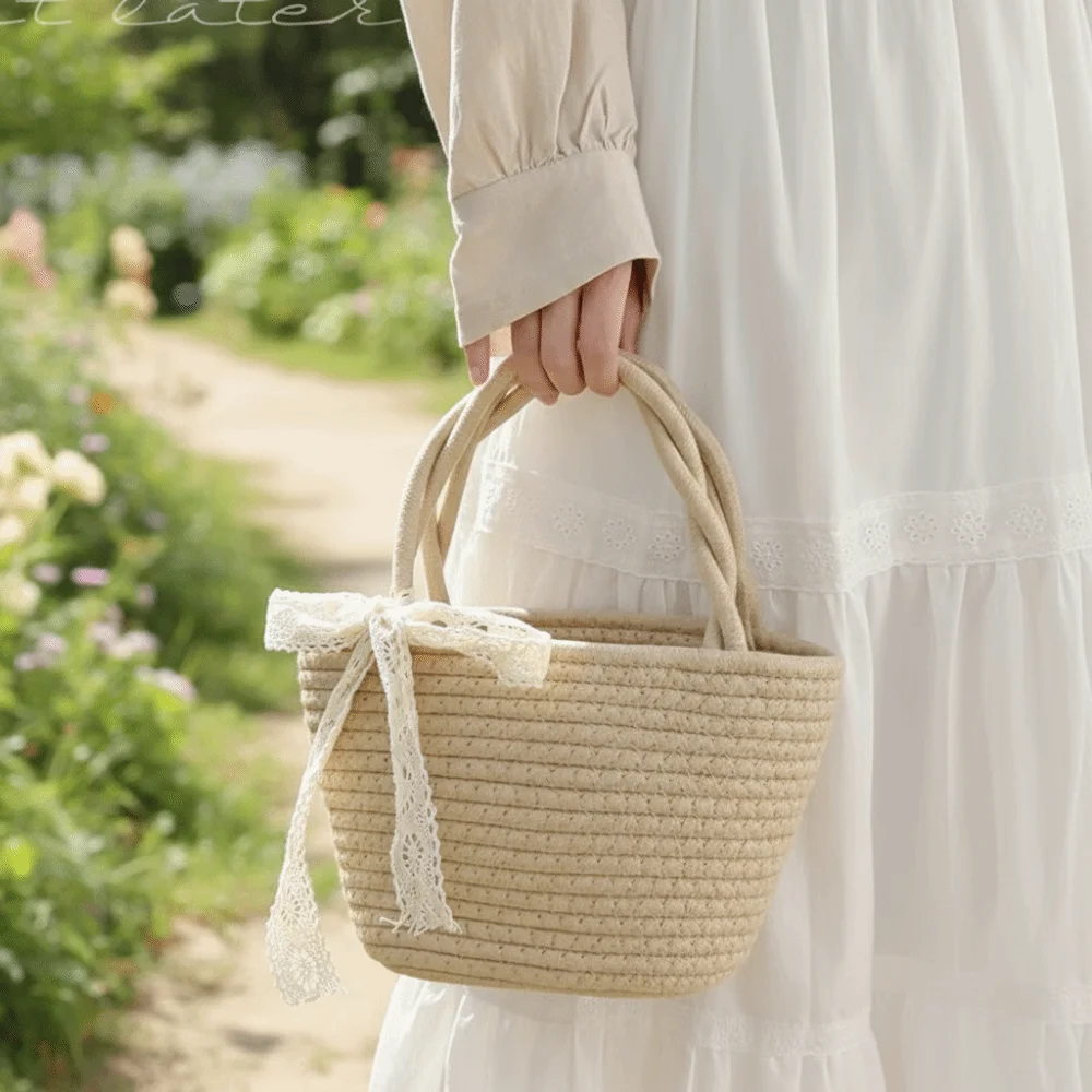 Cotton Thread Woven Cotton Rope Woven Bag Pure Color Boho Storage Basket Bucket Shape Lightweight Handbag Resort Wear