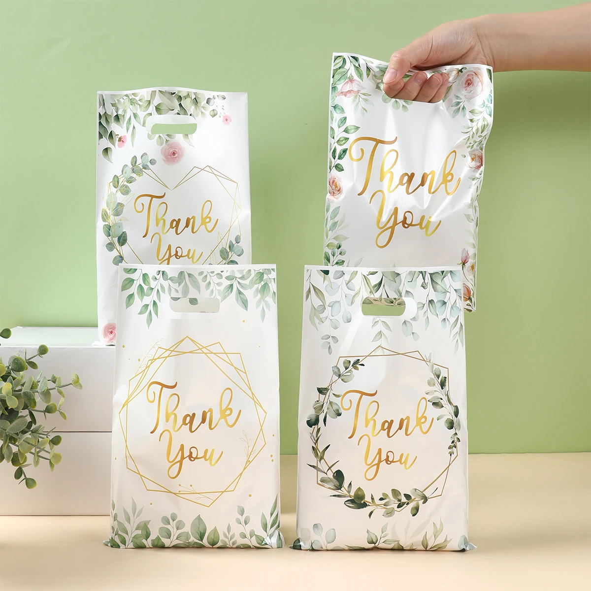 10/25/50 قطعة ورقة الأوكالبتوس شكرا لك هدية أكياس التعبئة حقائب للهدايا الصغيرة الزفاف عيد ميلاد الطفل دش لوازم الحفلات لصالح حقيبة