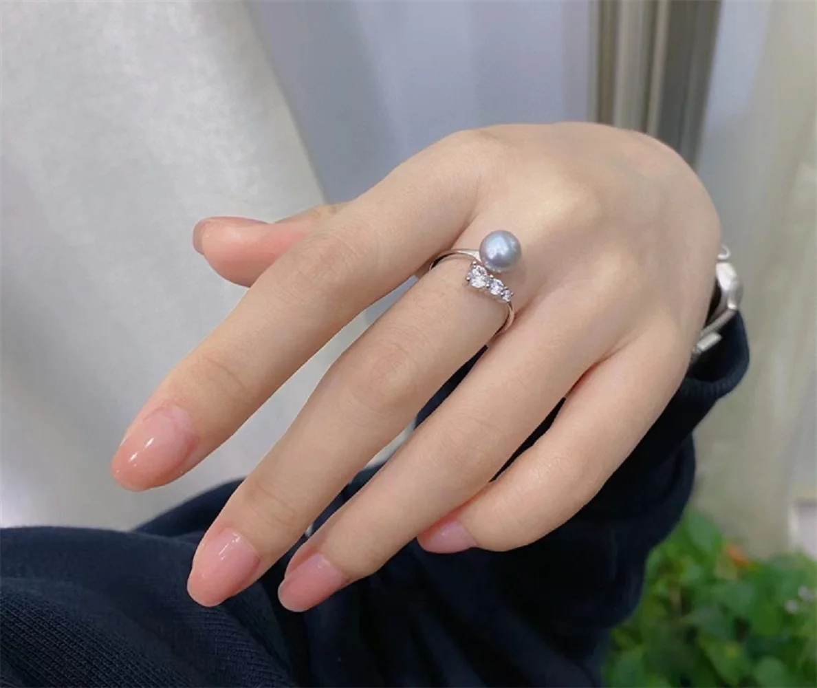 Stunning Natural  AAAA++++ New 9-8mm south sea gray  Pearl S925 Silver Classic Fashion Exquisite Open Ring Gold Silver