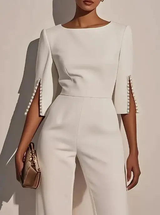 

Women's Jumpsuit 2025 Spring Summer Solid Color Nail Bead Decoration Slim Fit Jumpsuit Simple Commuting Style Elegant Jumpsuit