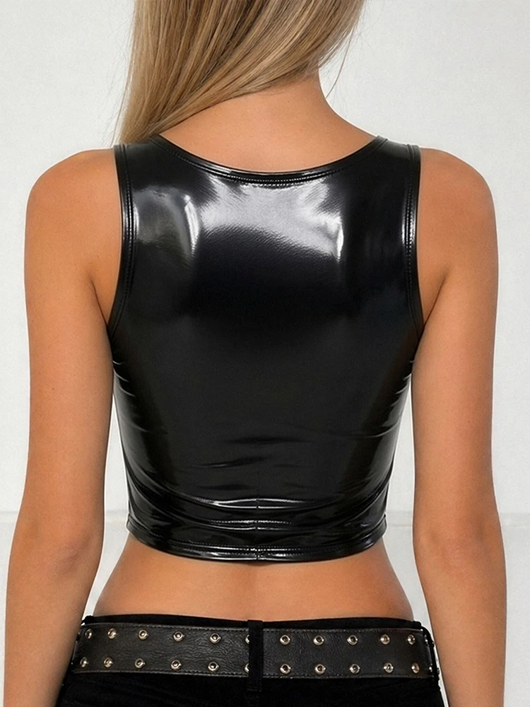 Glänzendes Stretch-Kunstleder-Tanktop mit Reißverschluss vorne, Gothic-PU-Leder-Ärmelloses-Oberteil für Damen, glänzendes, schmales PU-Top – Detail 5
